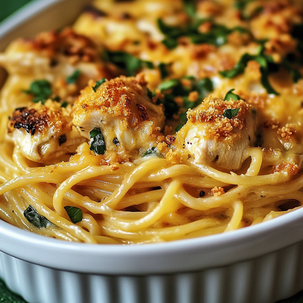 A bowl of noodles, chicken, gooey cheese, finished off with crispy onions.