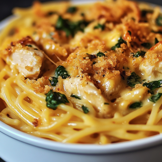 A cozy bowl of noodles, chicken, and veggies—look for some broccoli and spinach mixed in.