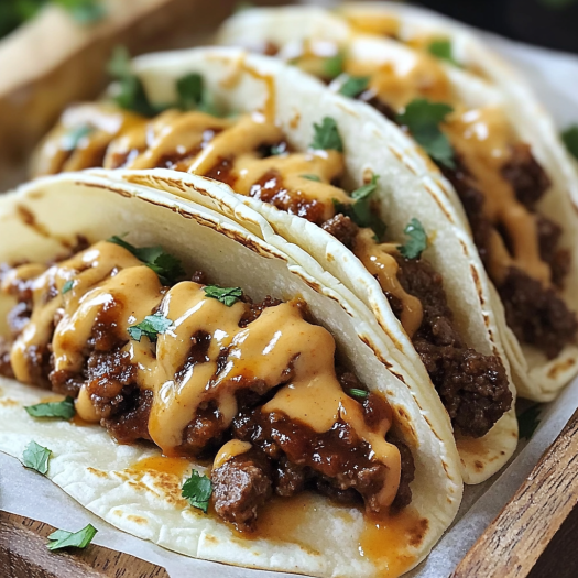 Yummy looking Garlic Butter Honey BBQ Beef Tacos on a plate.