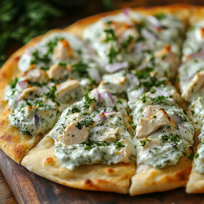 A pizza loaded with chicken and veggies on a rustic table.