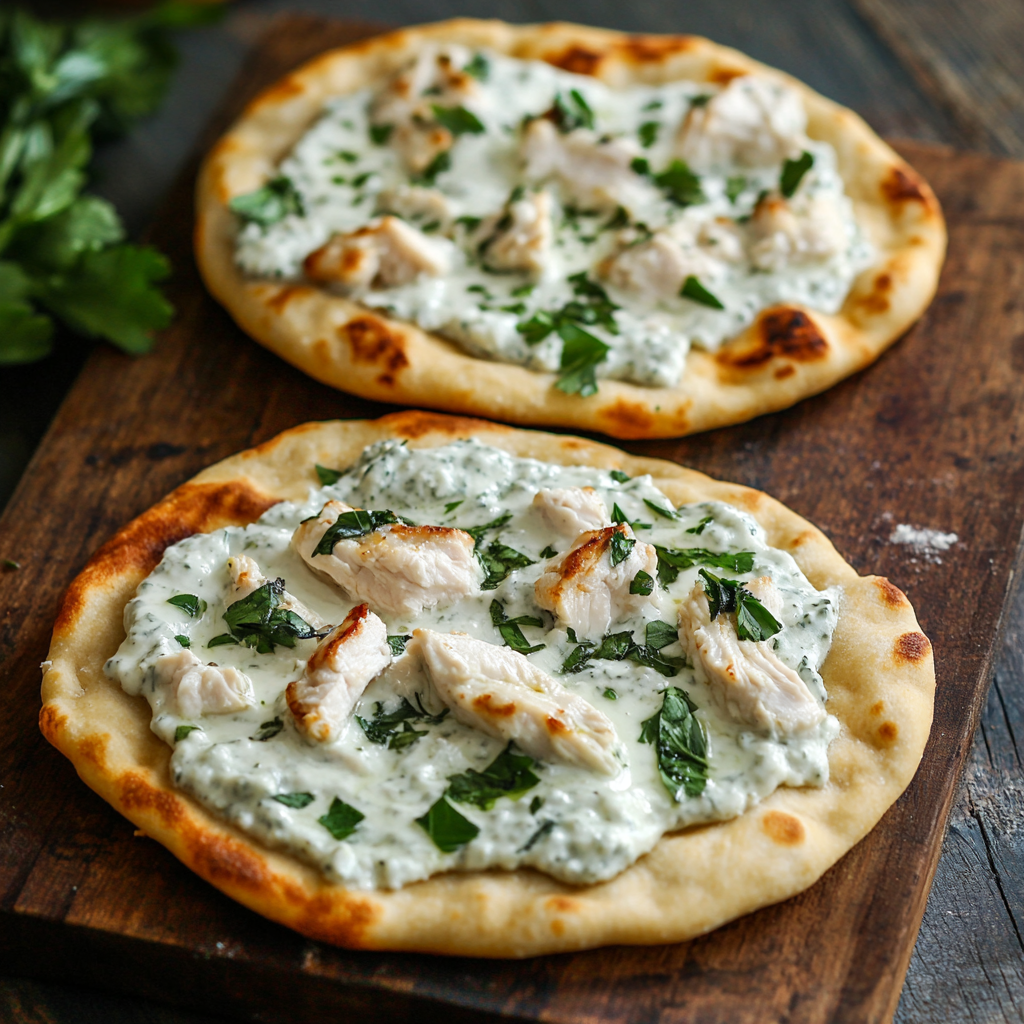 Two veggie and chicken flatbreads on a wooden table.