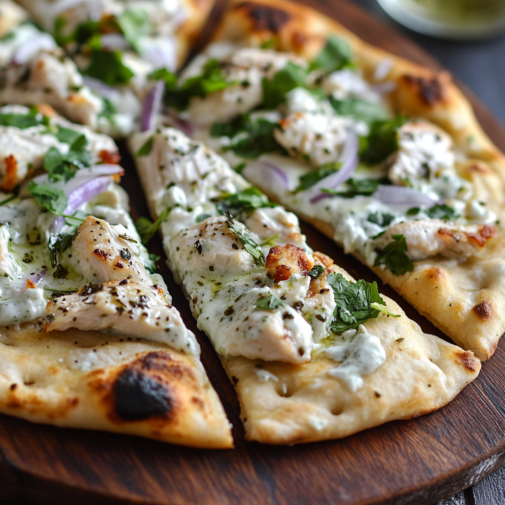A pizza topped with chicken pieces and loads of veggies sitting on a wooden board.