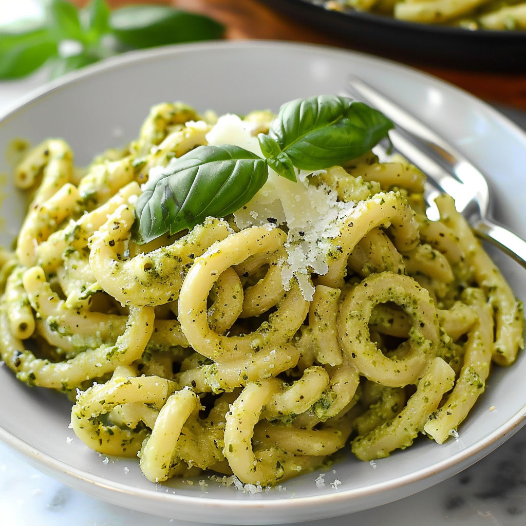 A bowl of pasta covered in creamy pesto with a fork nearby.
