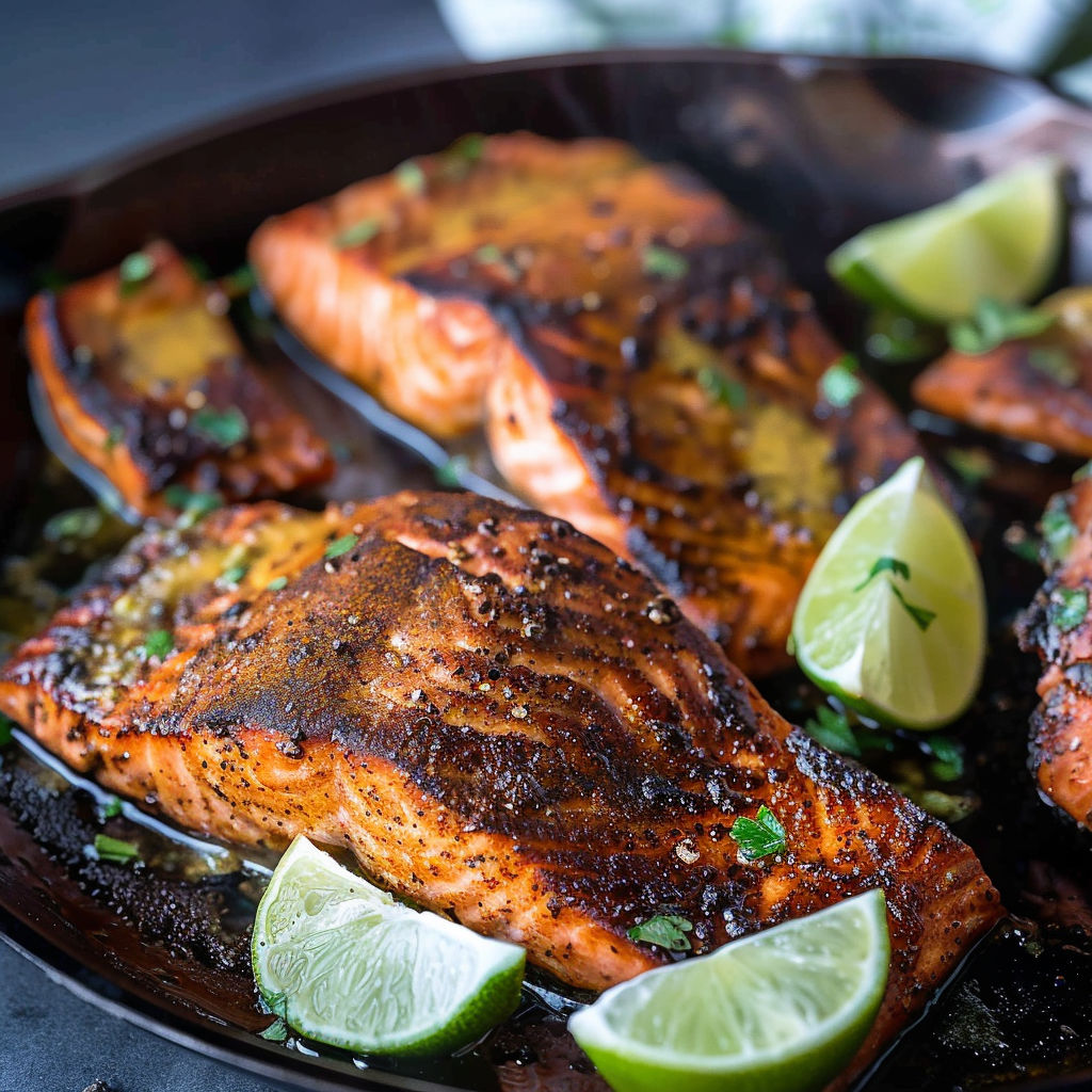 Salmon searing in a skillet with bright lime wedges and green parsley.