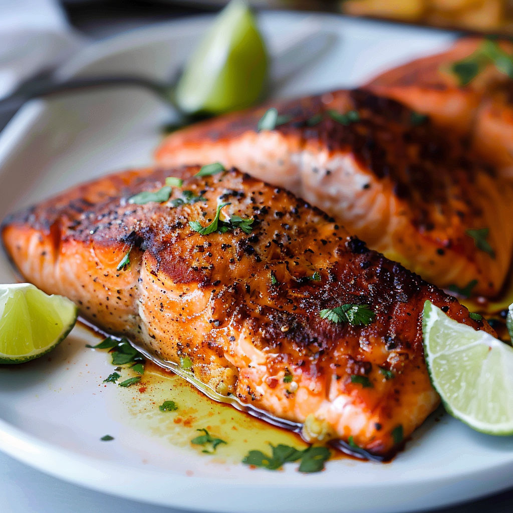 Sizzling salmon on a plate, topped with limes and fresh herbs.