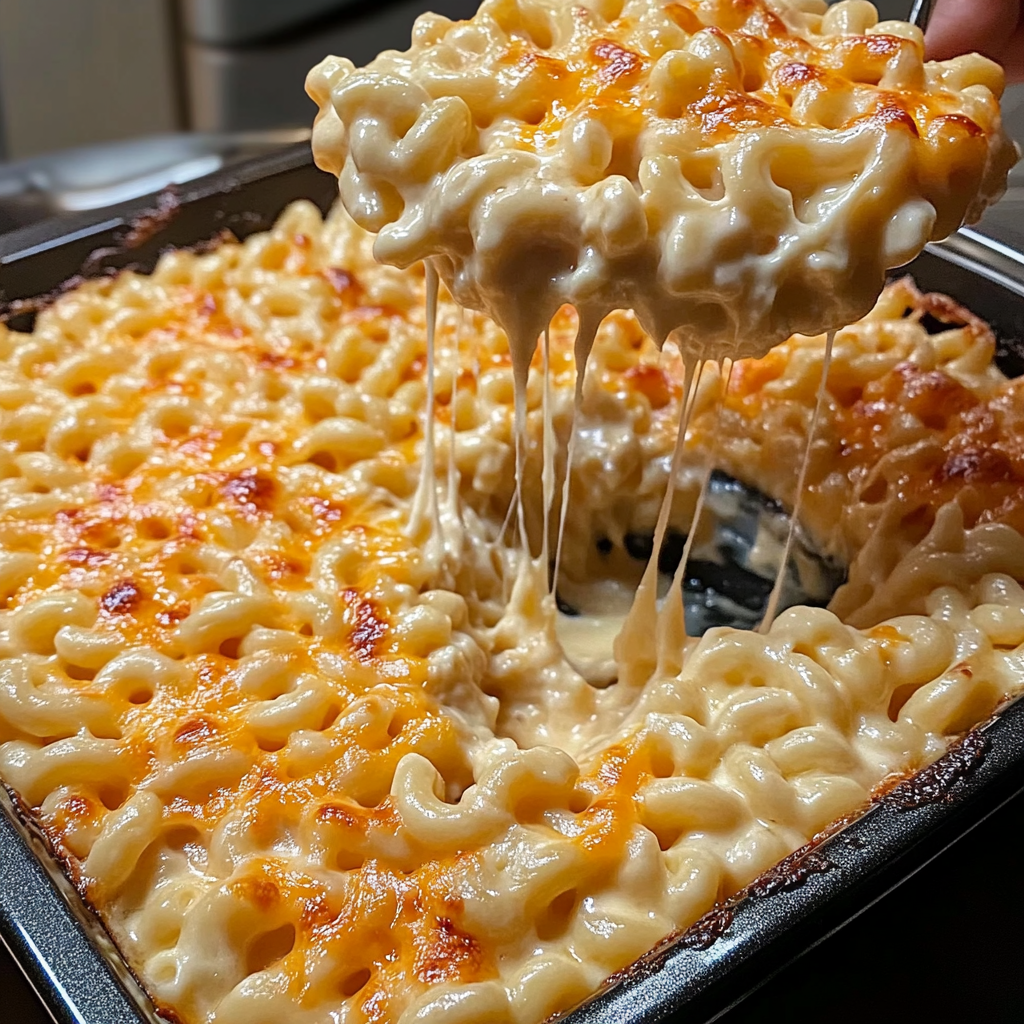 Golden, bubbling cheese being scooped from a dish of Cheddar Gouda Bake.