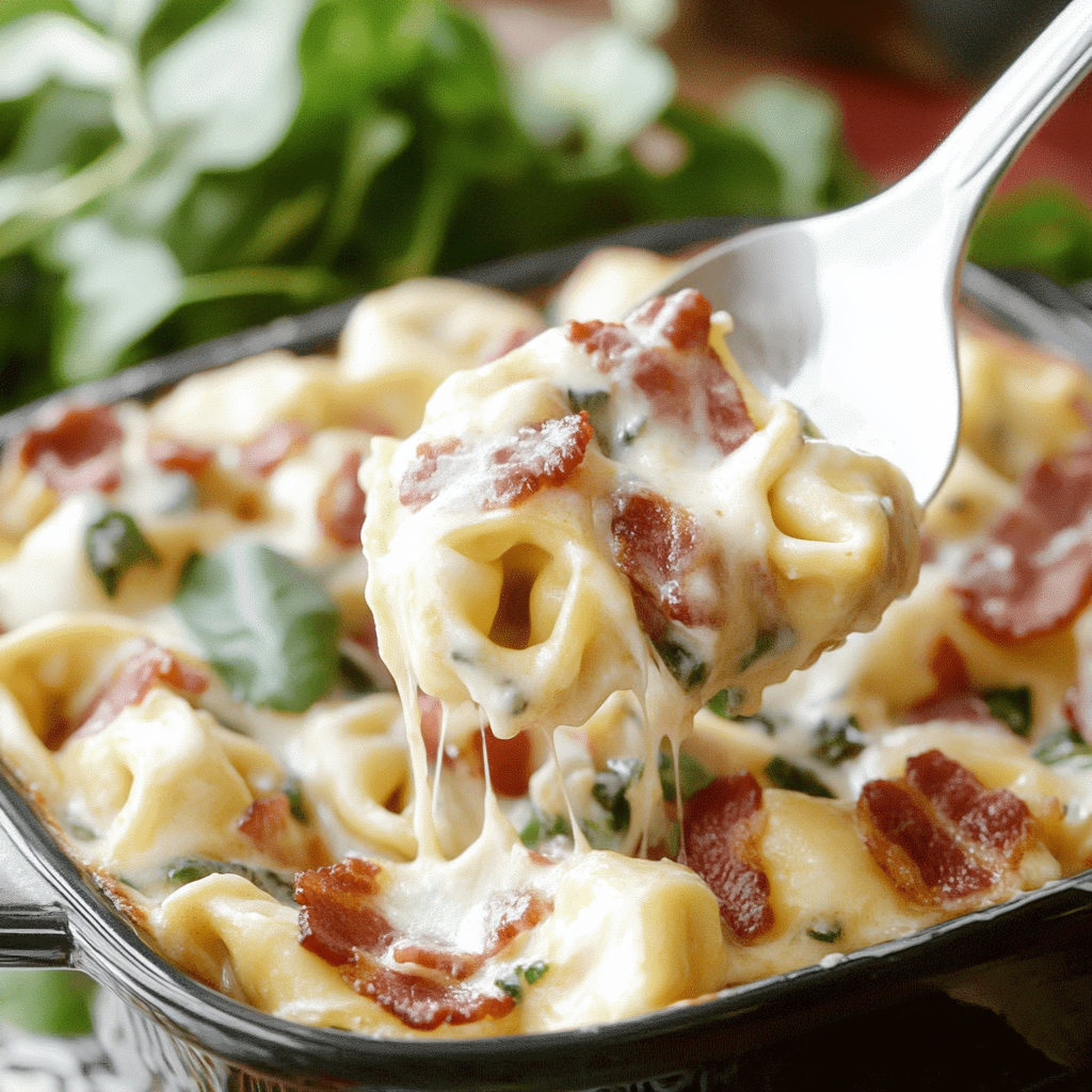 A cheesy mix of tortellini, bacon, and broccoli with a fork in it.