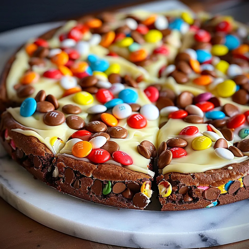 A slice of pizza with M&amp;M's on top.