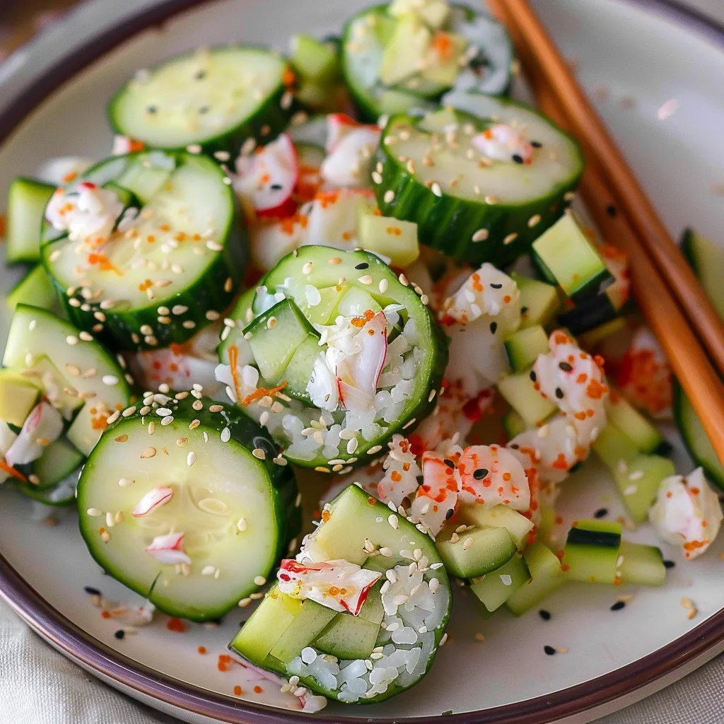 A plate of food with cucumbers and rice.