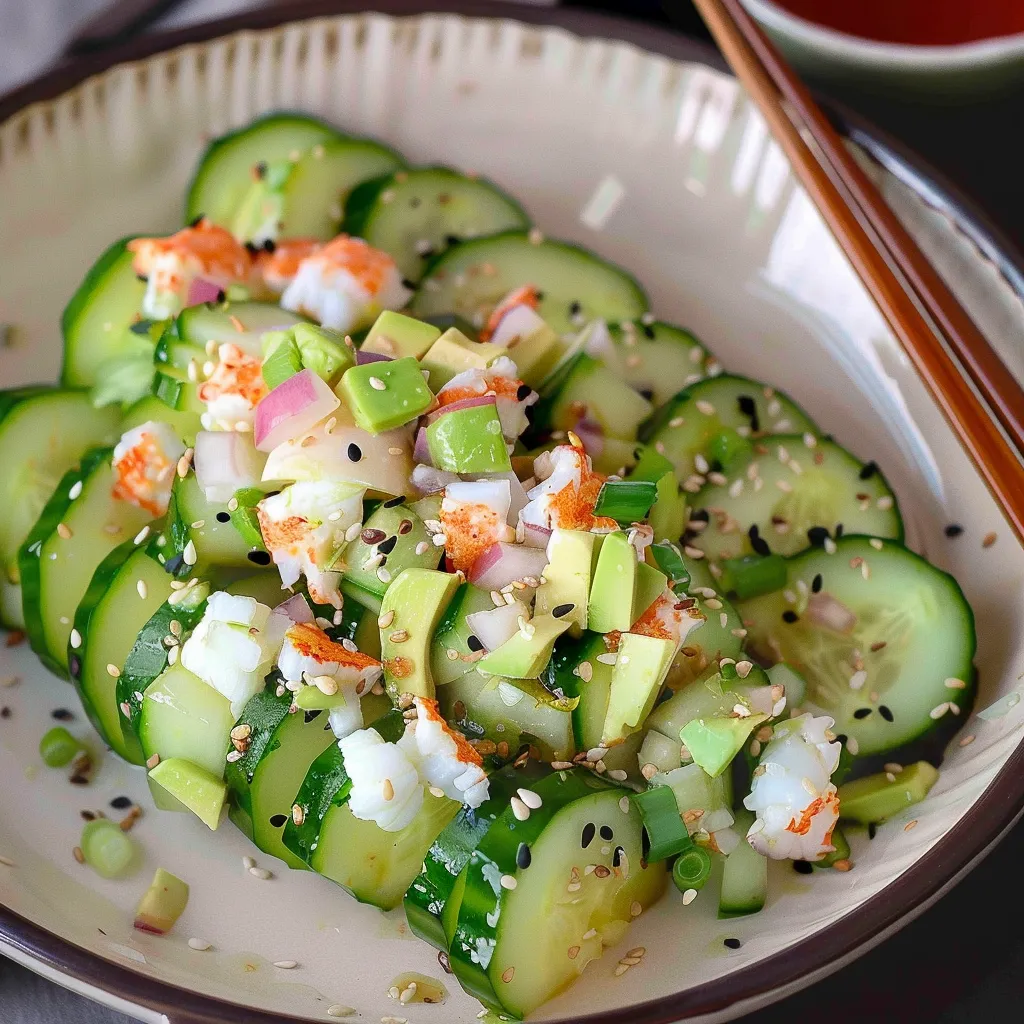 A plate of food with cucumbers and other vegetables.
