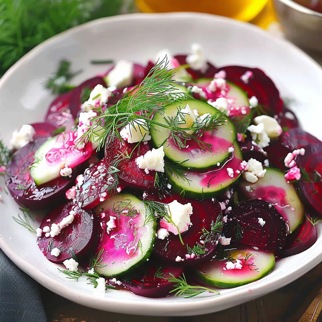 A plate of food with cucumbers and feta cheese.