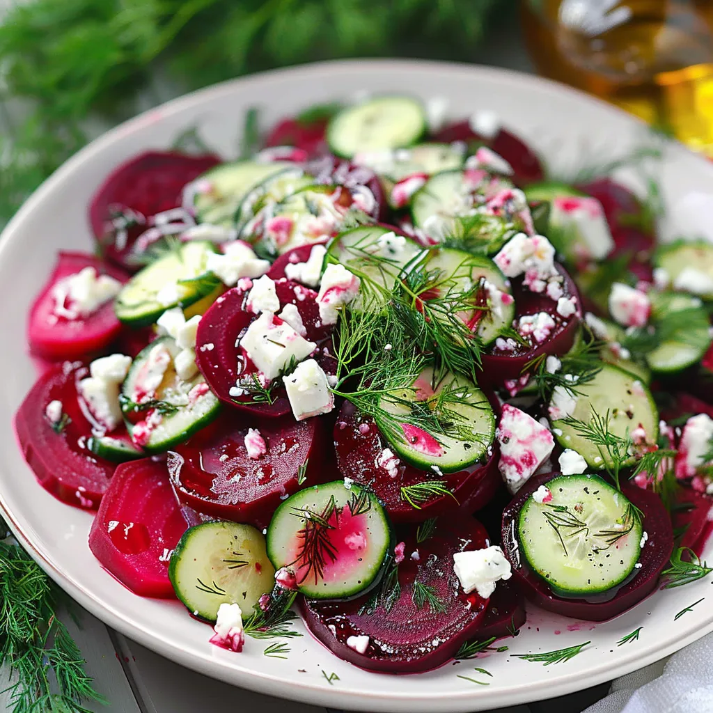 A plate of food with cucumbers and red beets.