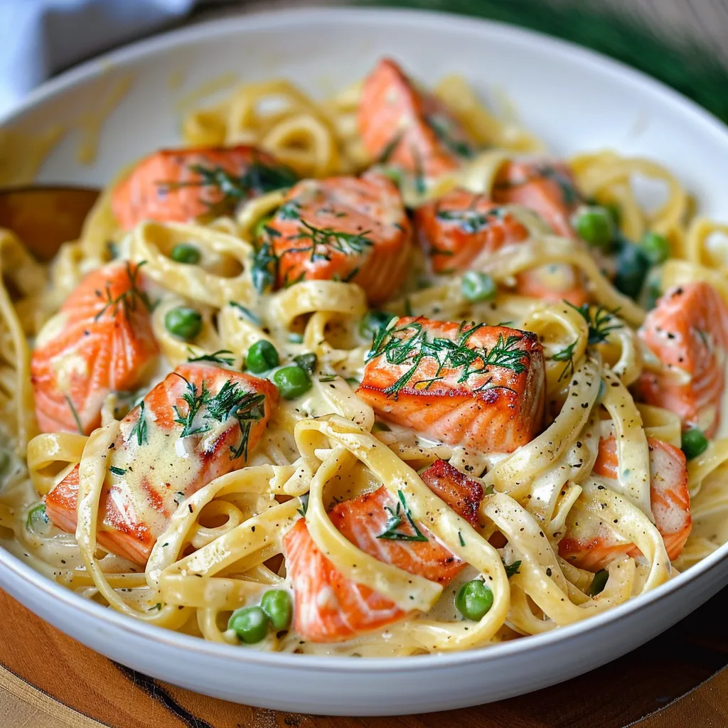 A bowl of pasta with salmon and peas.
