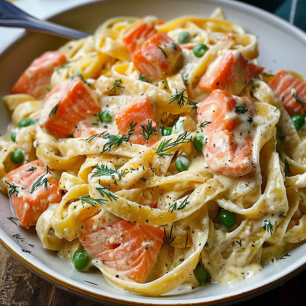 A bowl of pasta with peas and salmon.