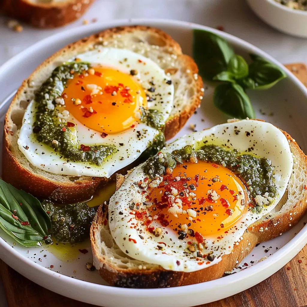 Two eggs on toast with herbs.