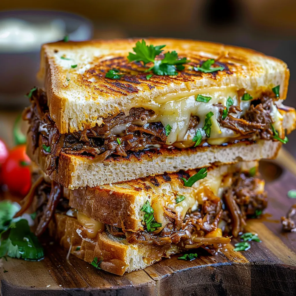 A sandwich with meat and cheese on a wooden table.