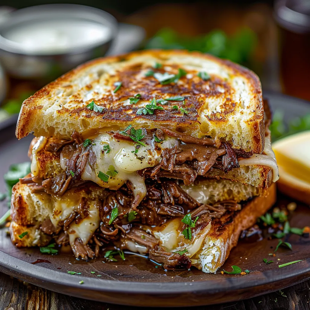 A sandwich with meat and cheese on a plate.