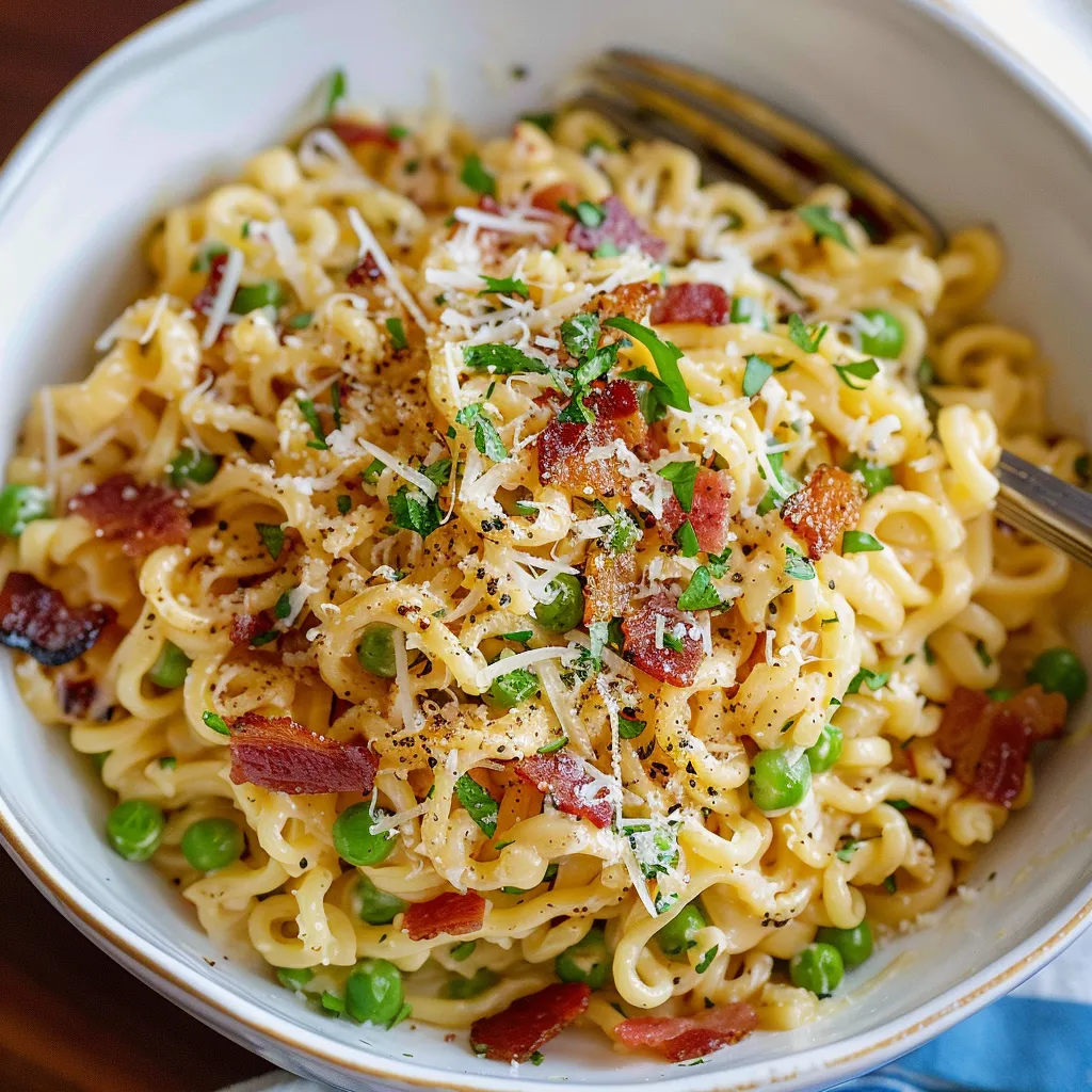 A bowl of pasta with peas and bacon.