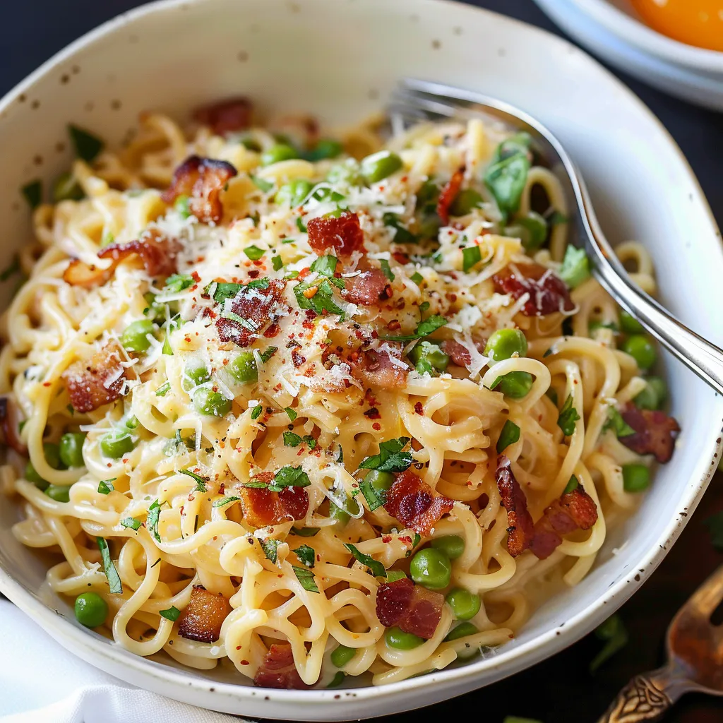 A bowl of pasta with peas and bacon.