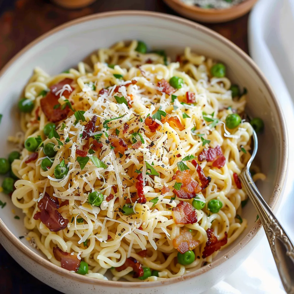 A bowl of noodles with peas and bacon.