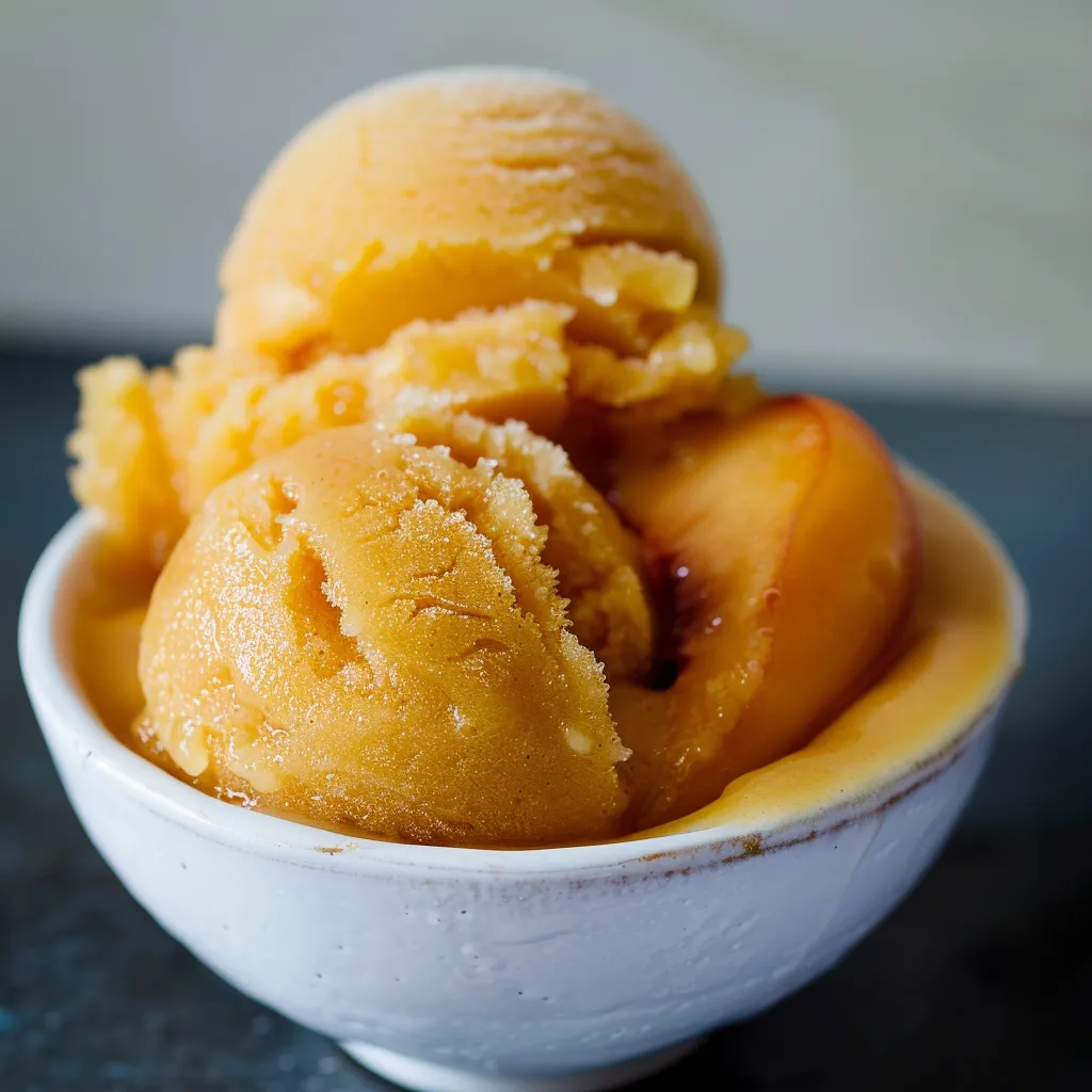 A bowl of peach ice cream.