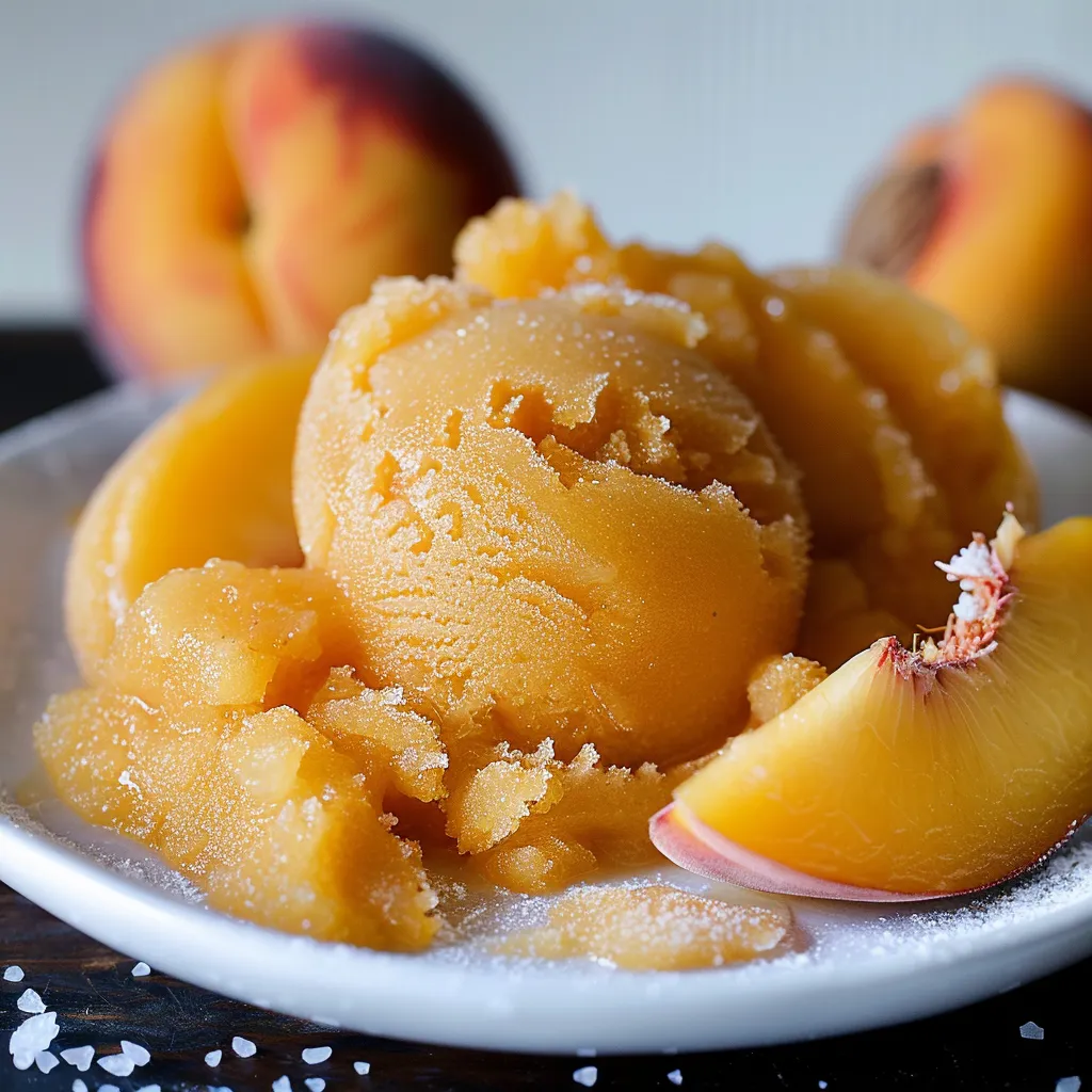 A plate of peaches and peach ice cream.