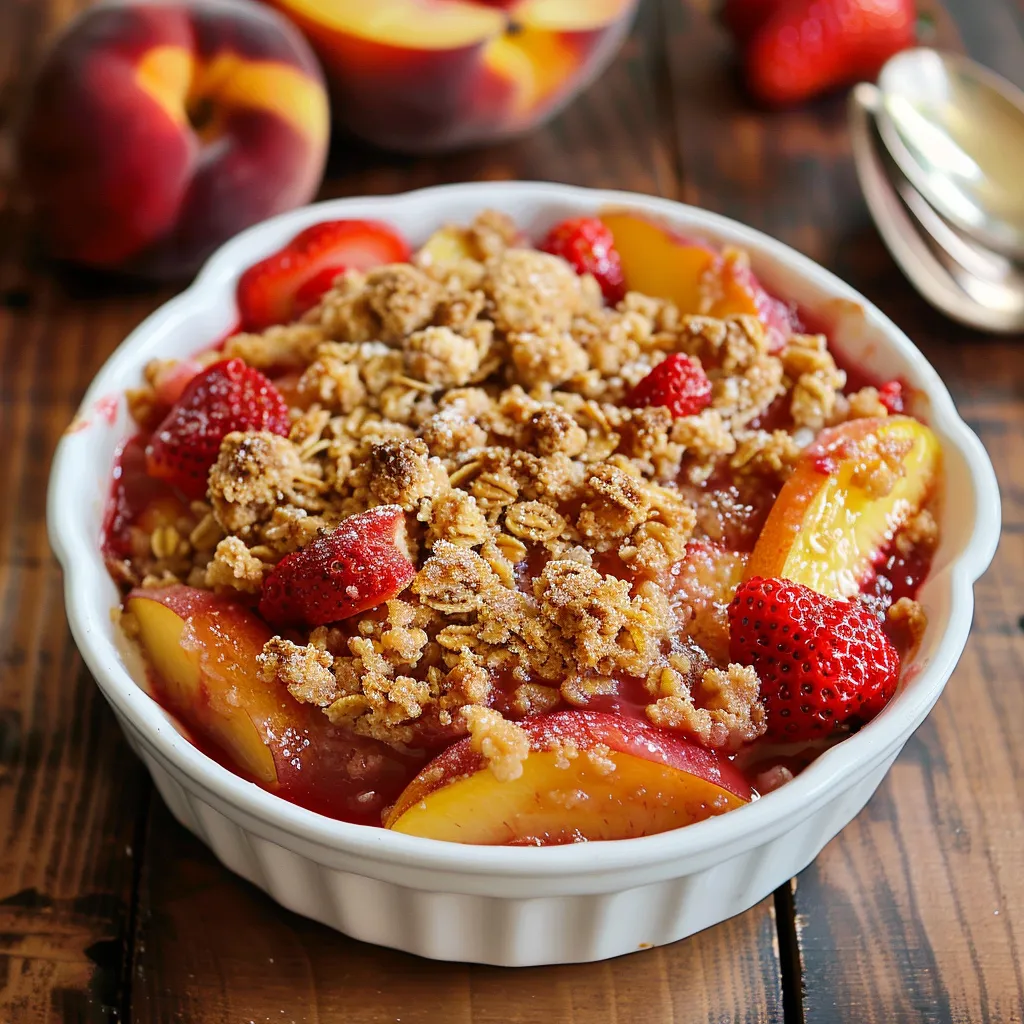 A white bowl filled with peaches and strawberries.