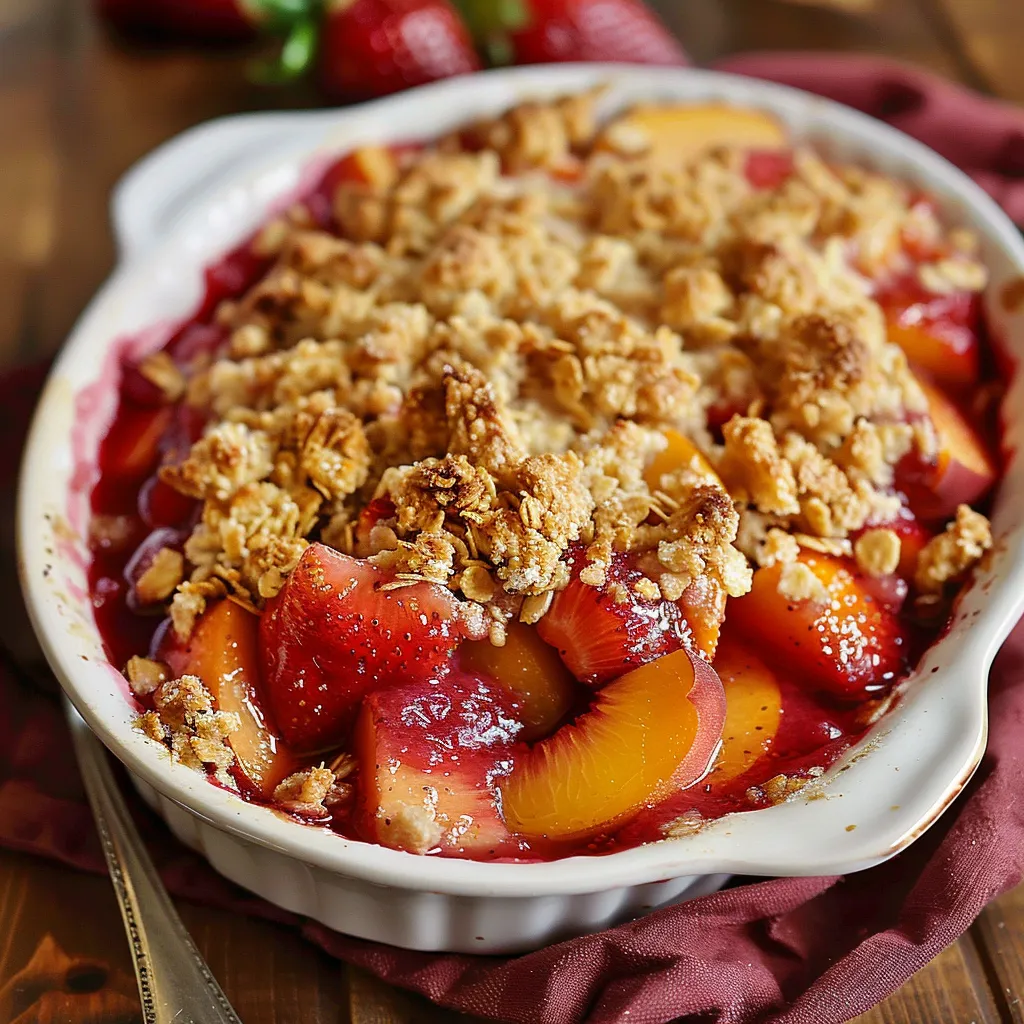 A white bowl filled with peaches and crumbs.