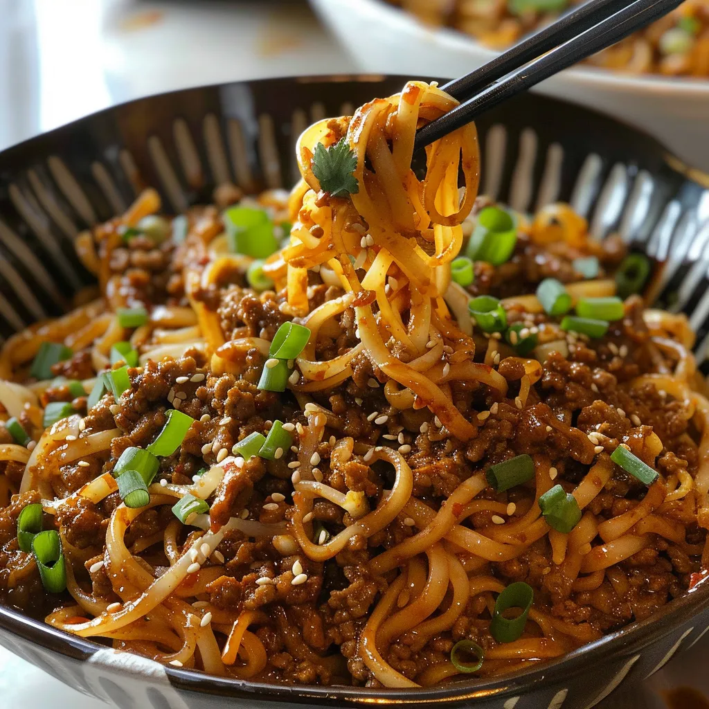 A bowl of noodles with meat and vegetables.