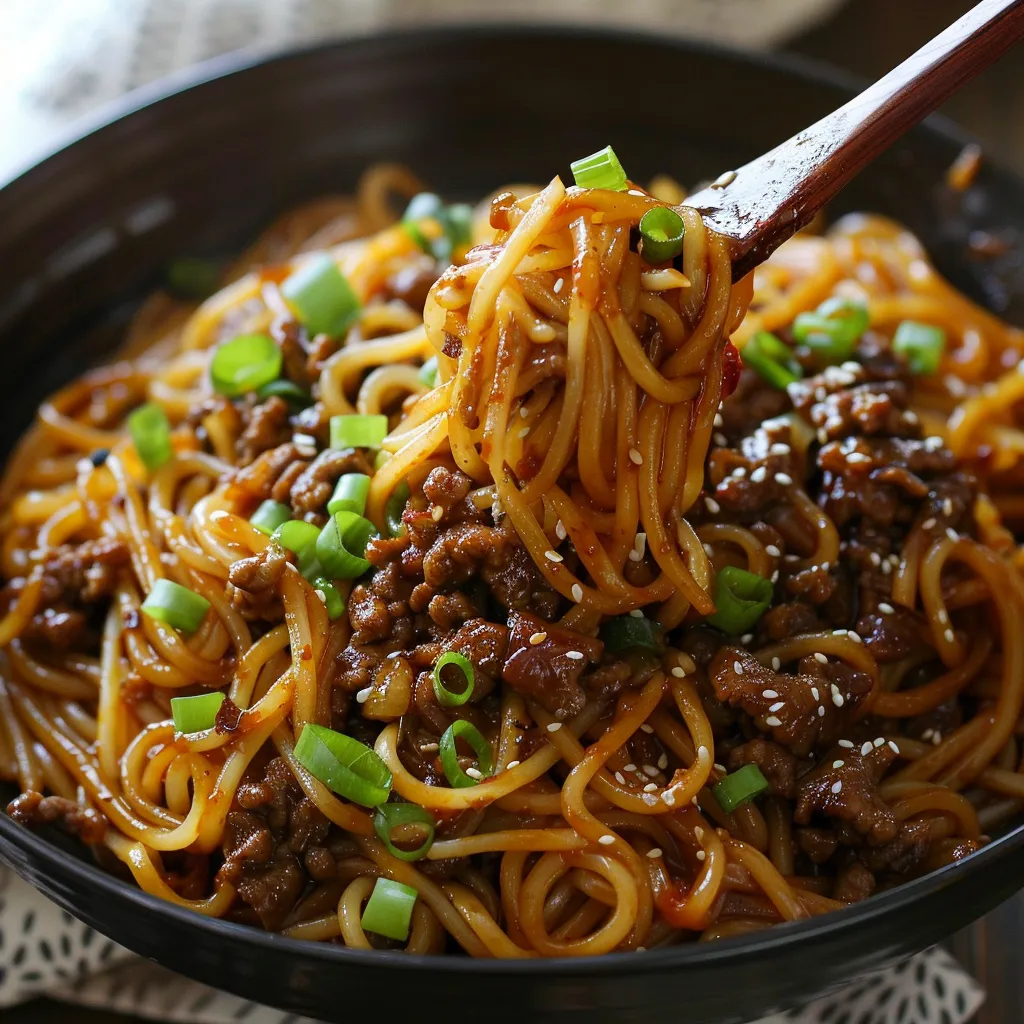 A bowl of noodles with meat and vegetables.