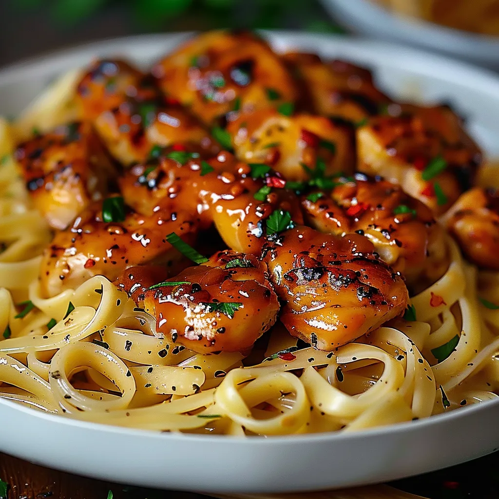 A plate of food with chicken and noodles.