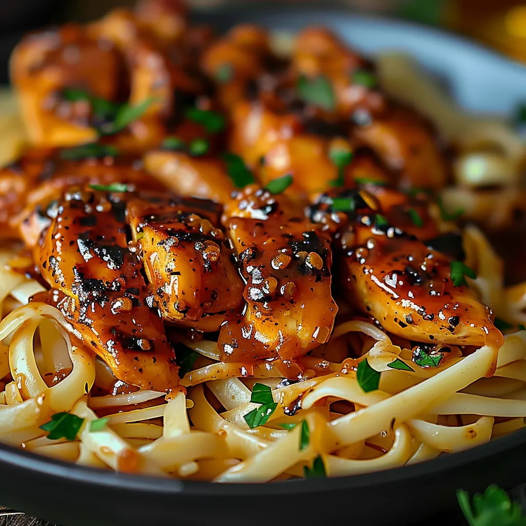 A plate of food with chicken and noodles.