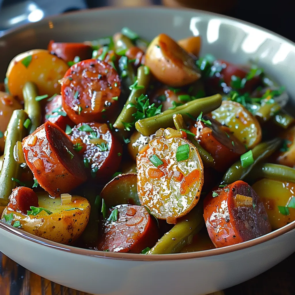 A bowl of food with sausage, beans, and peppers.