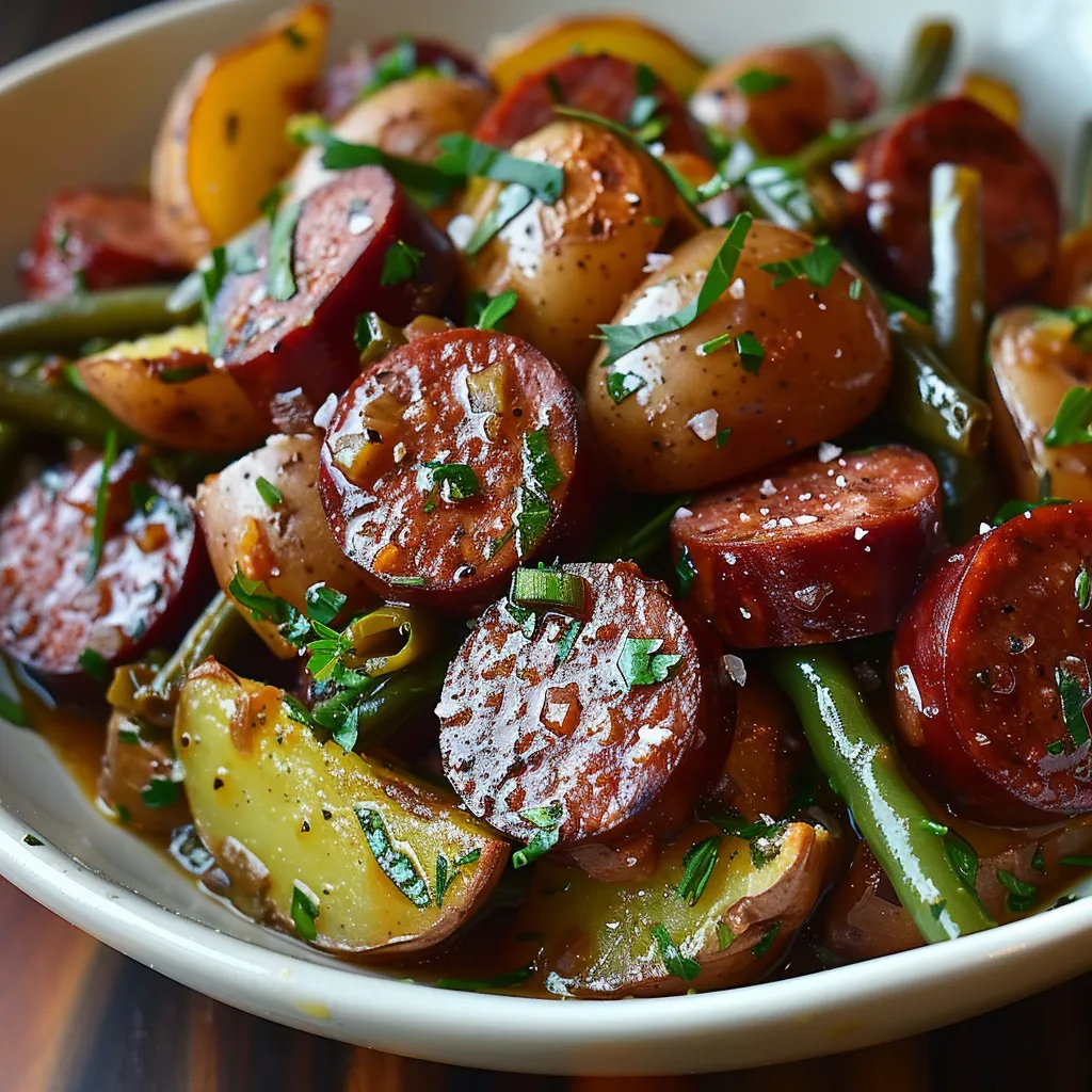 A bowl of food with potatoes, peppers, and sausage.