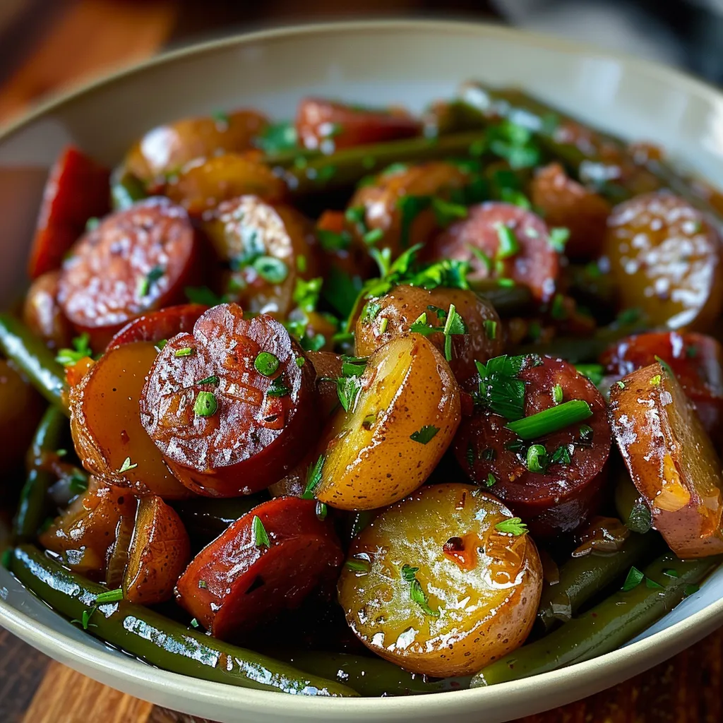 A bowl of food with green beans and potatoes.