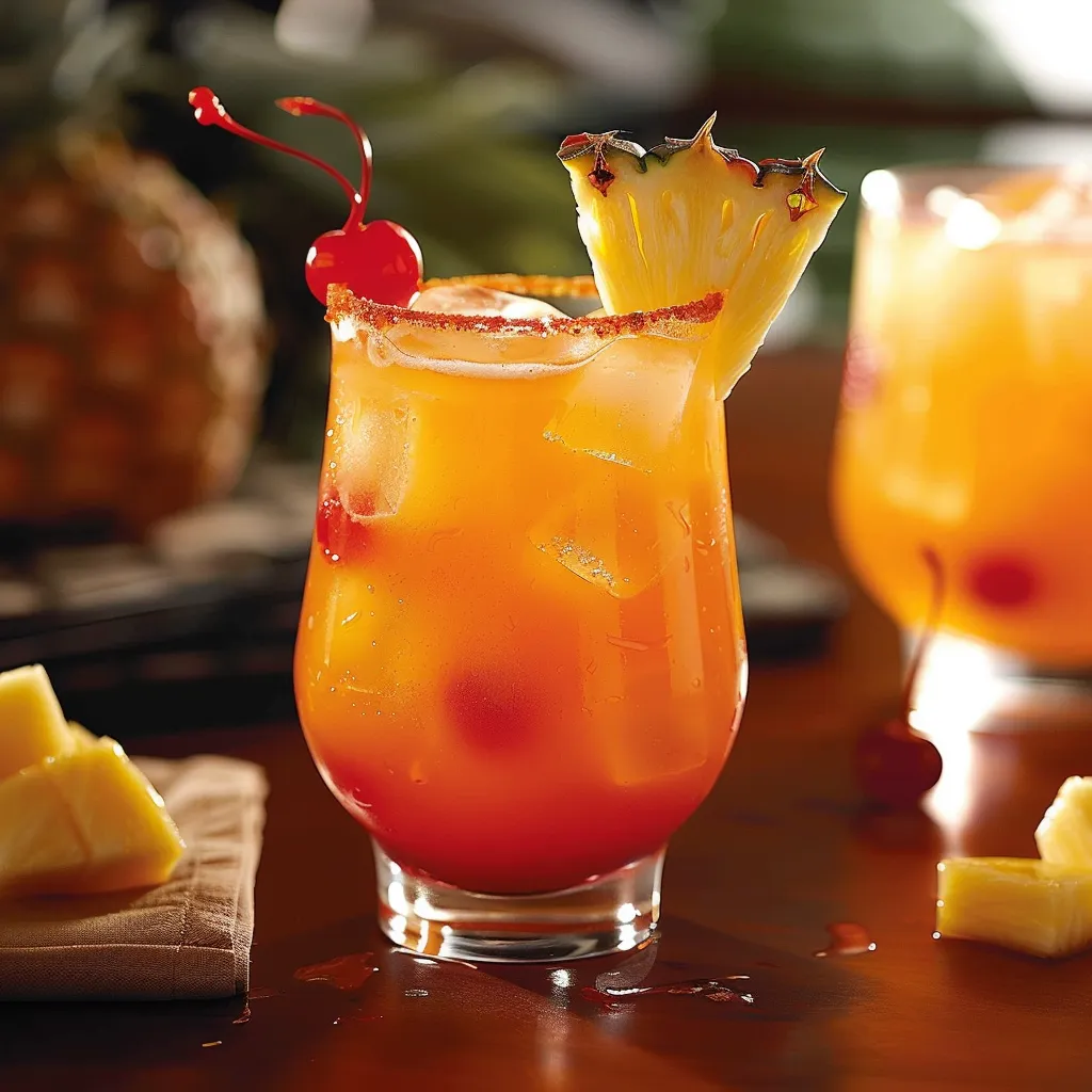 A glass of pineapple juice with a cherry on top.