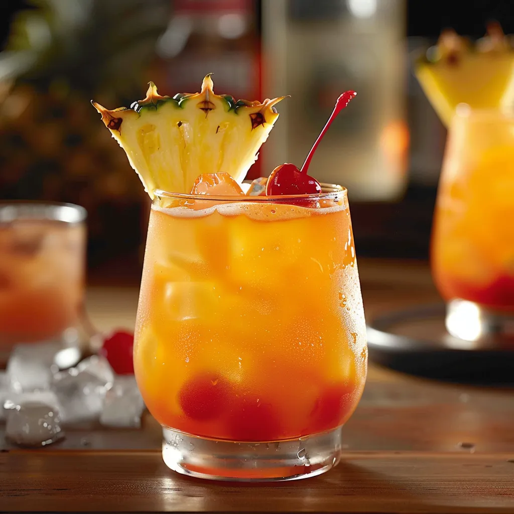 A glass with a pineapple and cherry on top.
