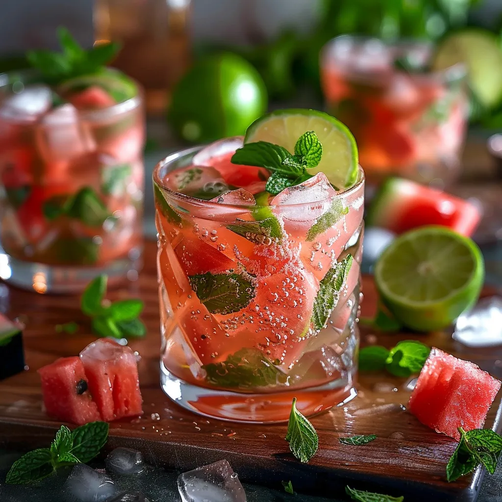 A glass of watermelon juice with mint leaves.