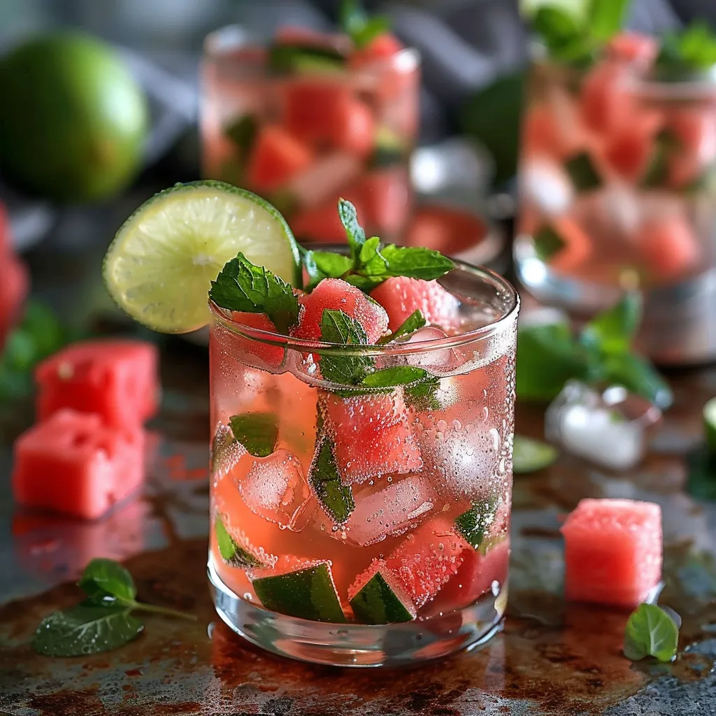 A glass of watermelon juice with a slice of watermelon in it.