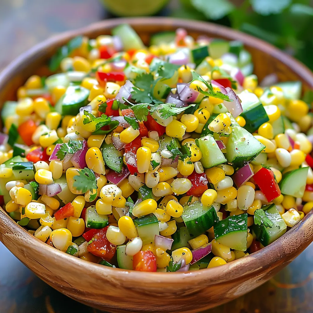 A bowl of vegetables with corn, cucumbers, and tomatoes.