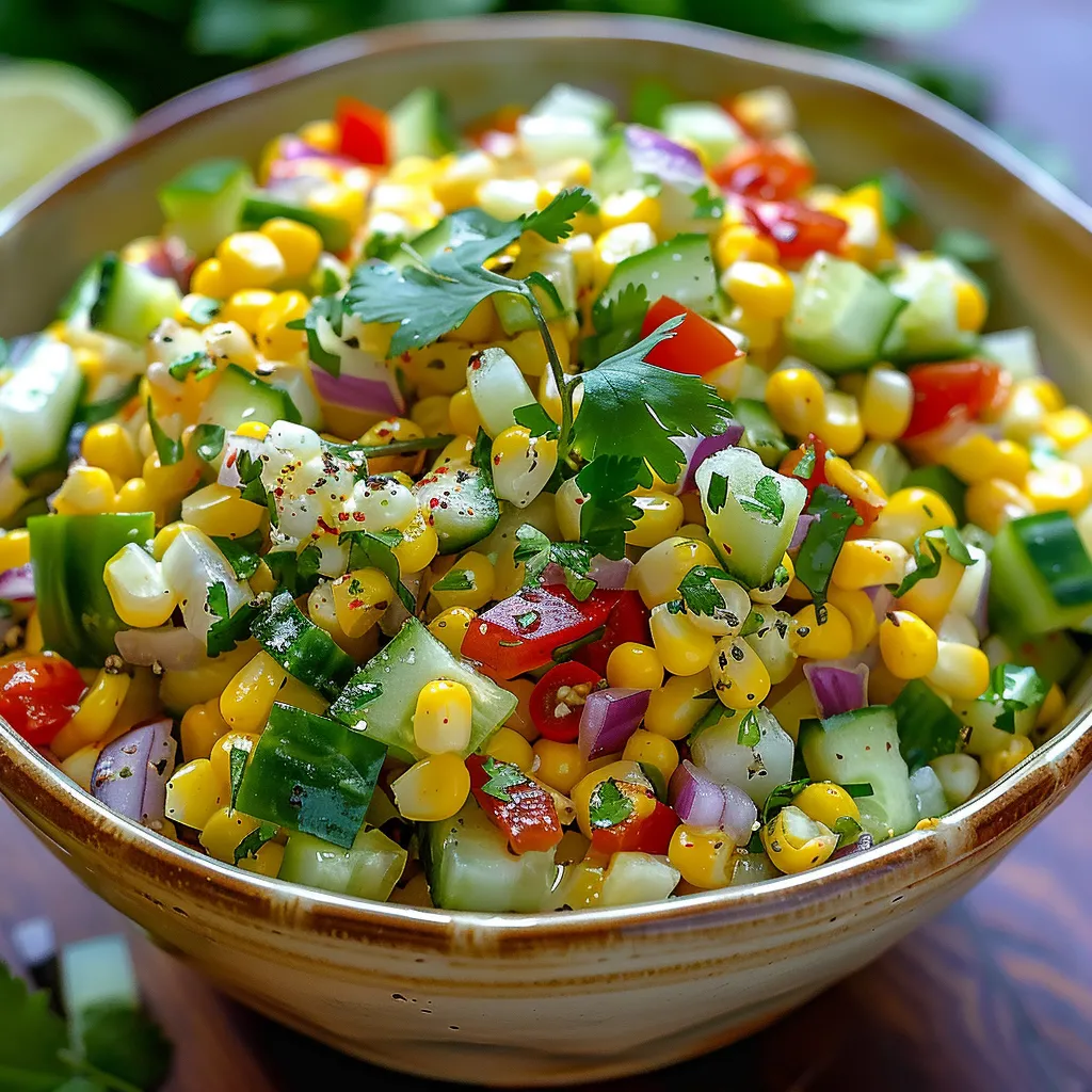 A bowl of vegetables including corn, tomatoes, onions, and cucumbers.