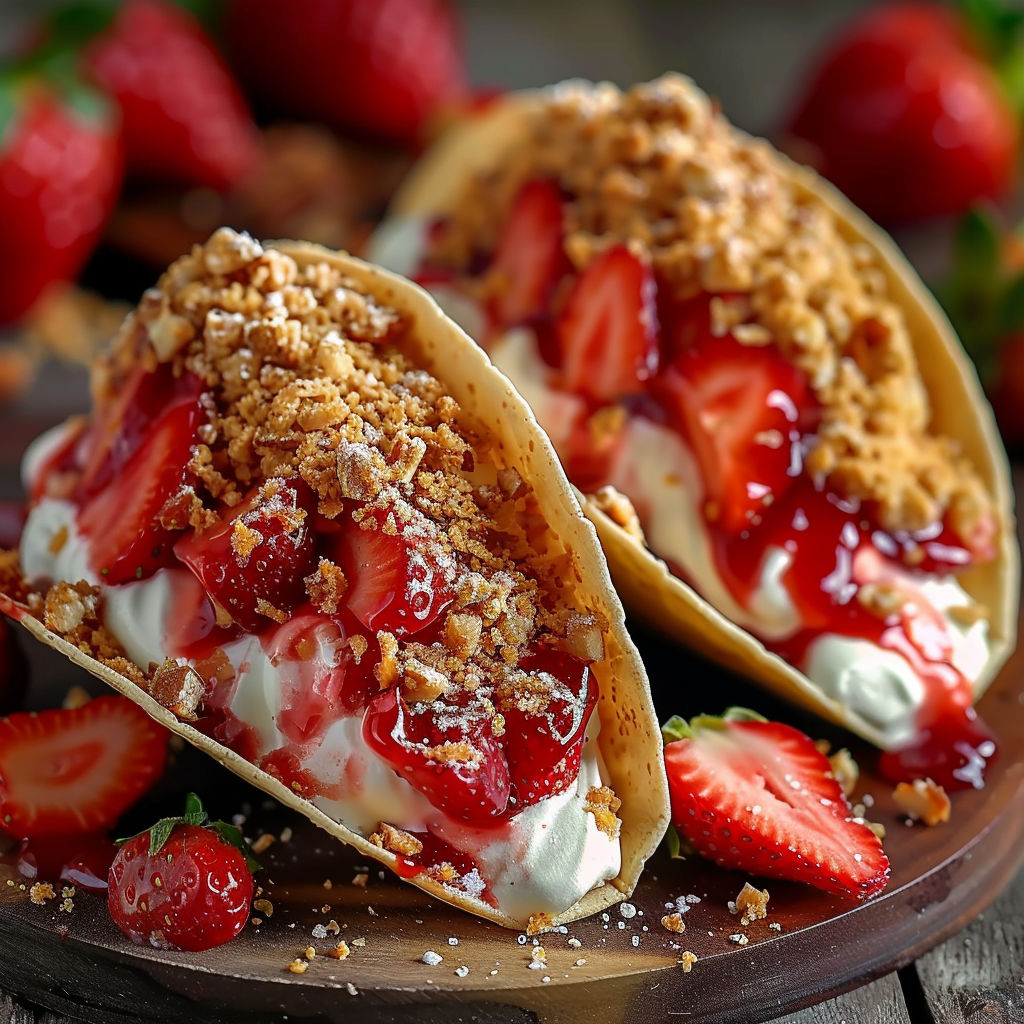 Two strawberry crunch cheesecake tacos.