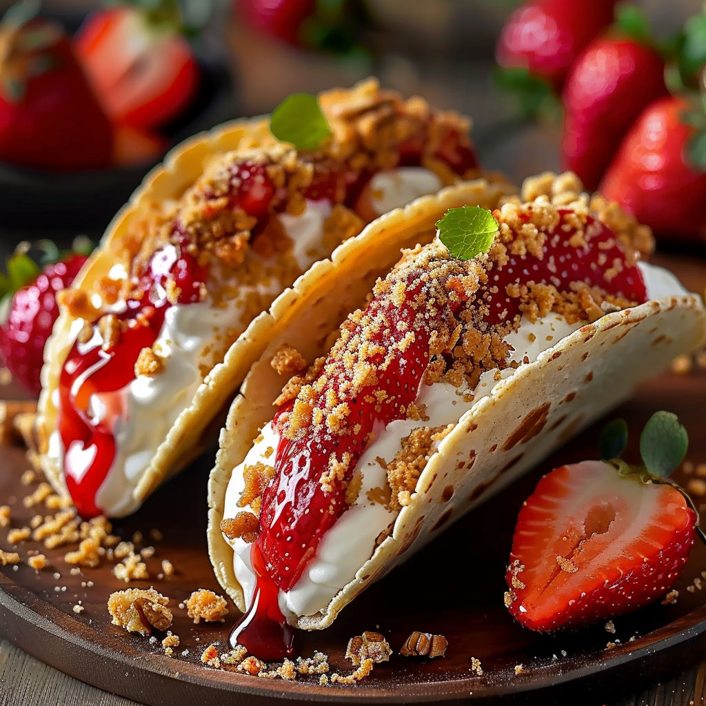 Two strawberry crunch cheesecake tacos with whipped cream.