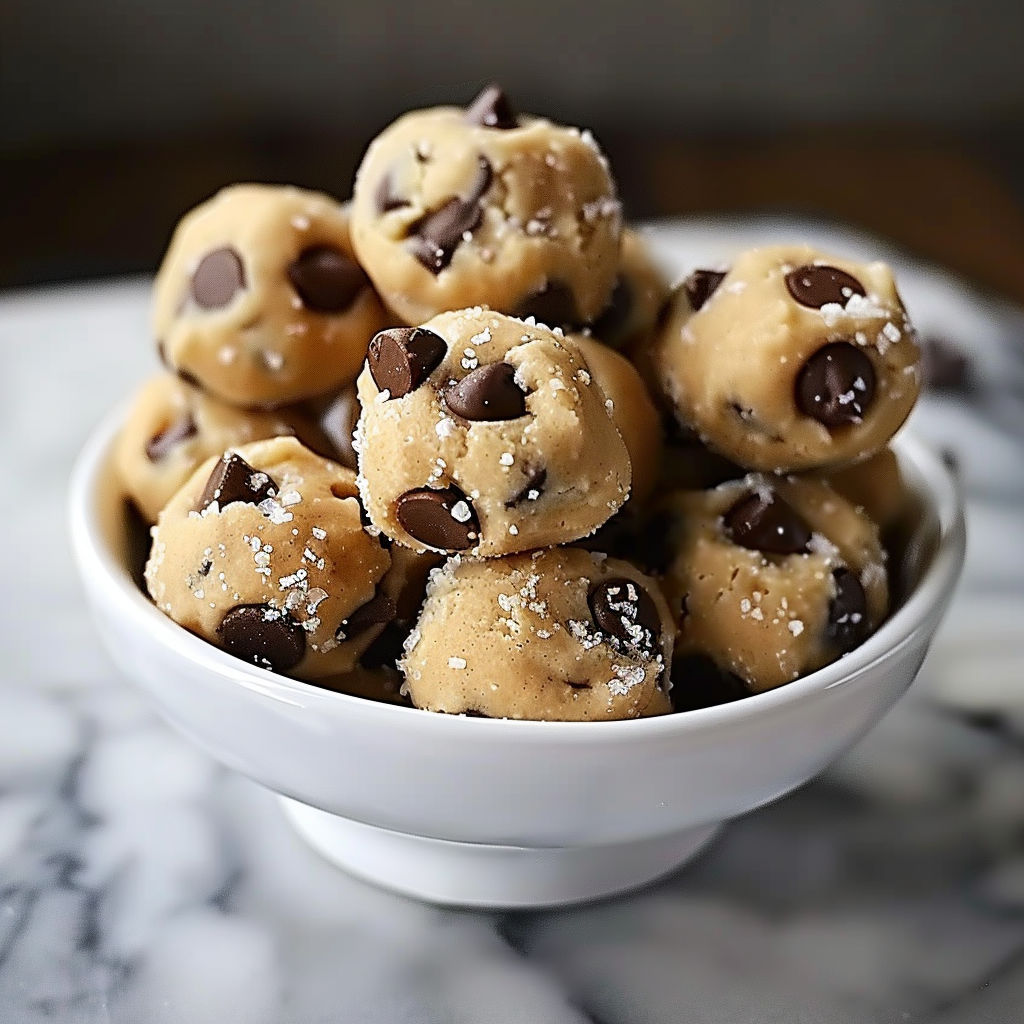A bowl of chocolate chip cookie dough bites.