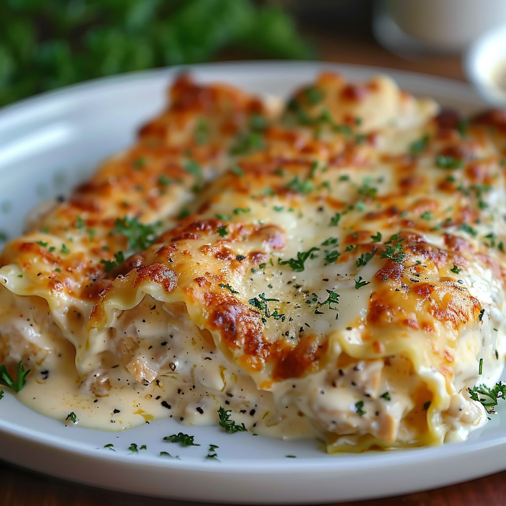 A plate of chicken Alfredo lasagna rolls.