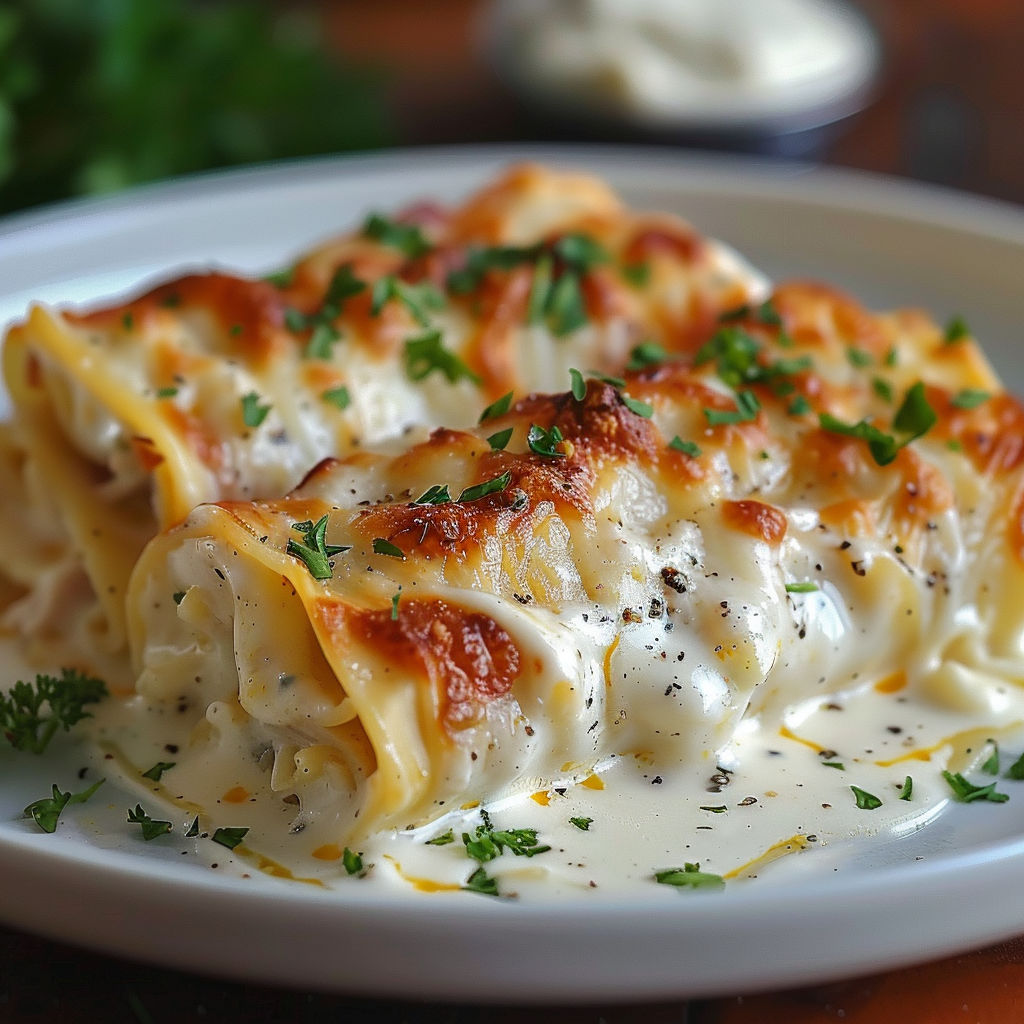 A plate of chicken Alfredo lasagna rolls.