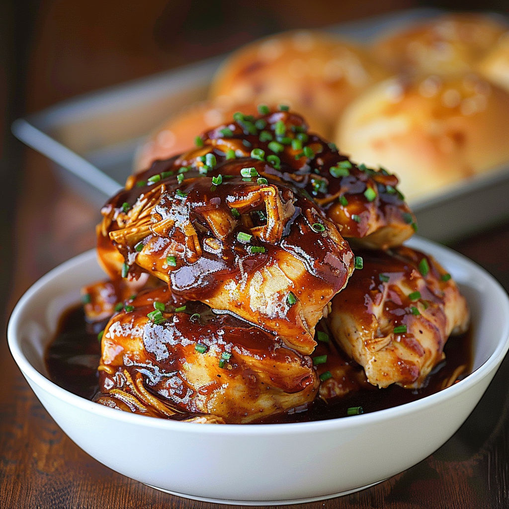 A bowl of BBQ chicken with sauce.