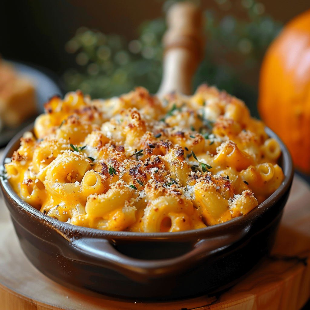 A bowl of macaroni and cheese with a wooden spoon in it.