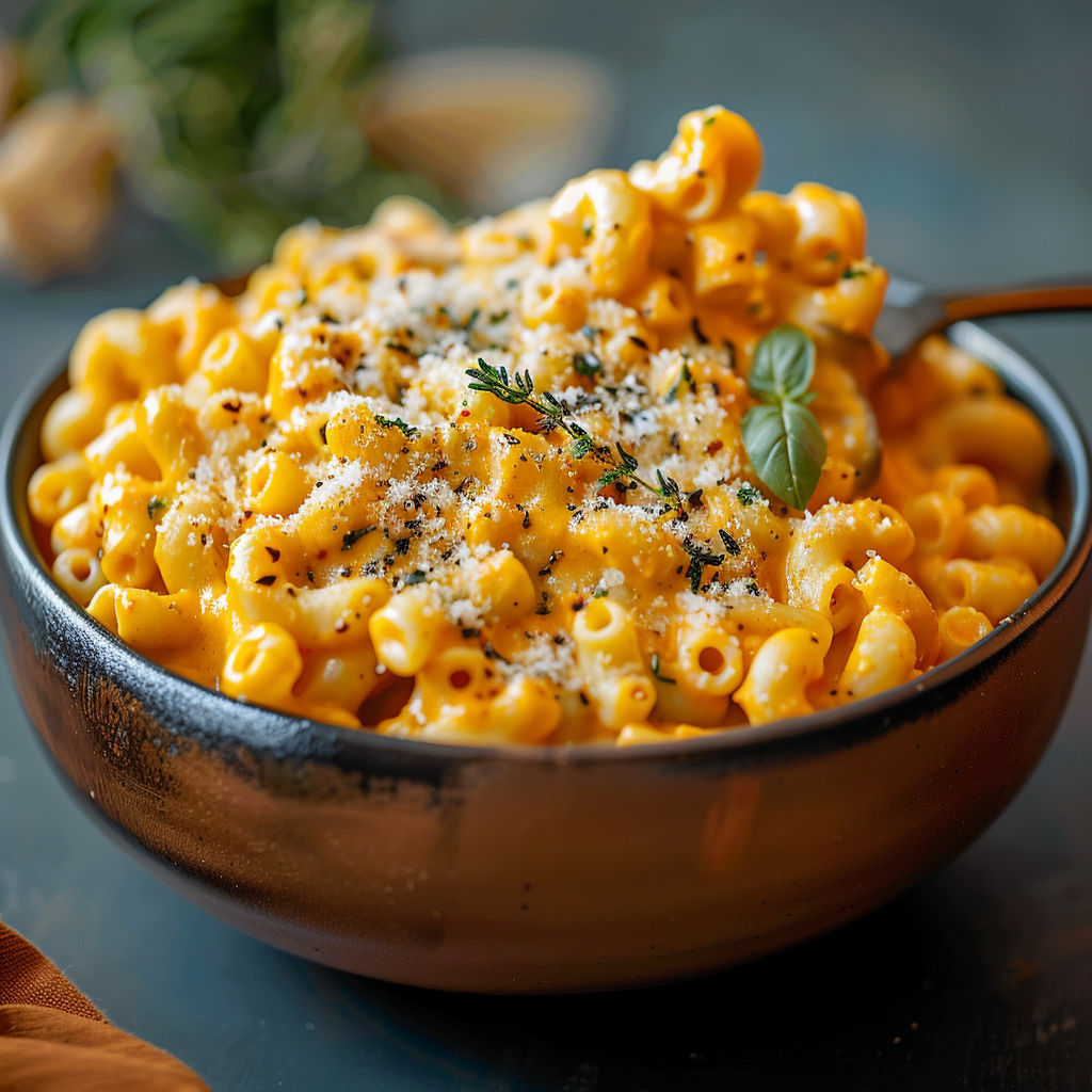A bowl of macaroni and cheese with herbs on top.