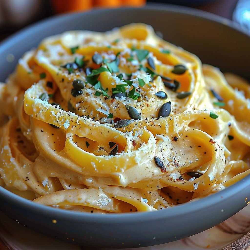 A bowl of creamy pumpkin alfredo pasta.